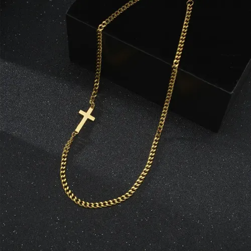 NTM3733 Stainless Steel Cross Necklace with Cuban Chain Unisex Christian Jewelry