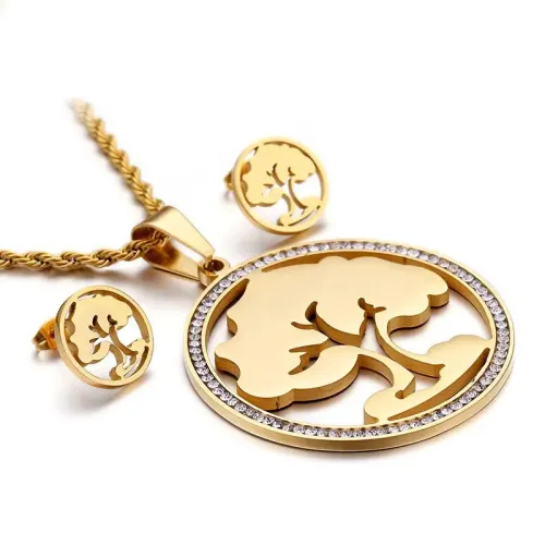 NTM3004 Stainless Steel Wish Tree Pendant, Earrings Necklace Set Chic Jewelry Ensemble