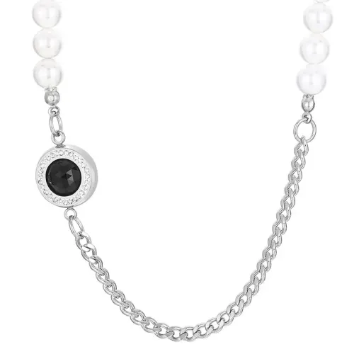 NTM3059 Round Glass Shell Pearl Cuban Chain Necklace Two Tone Harajuku Hip Hop Style for Women