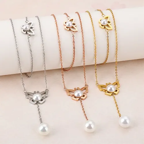 NTM3061 Stainless Steel Pearl Butterfly Jewelry Set Necklace, Bracelet, Earrings in Tri Color