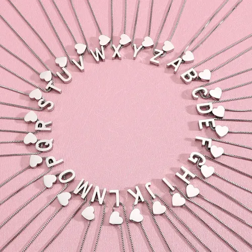 NTM2765 Heart Shaped Alphabet Stainless Steel Necklace 26 Letters Love Pendant