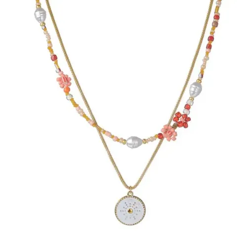 NTM3411 18K Gold Plated Stainless Steel Flower Pearl Necklace Round Pendant Sweaters