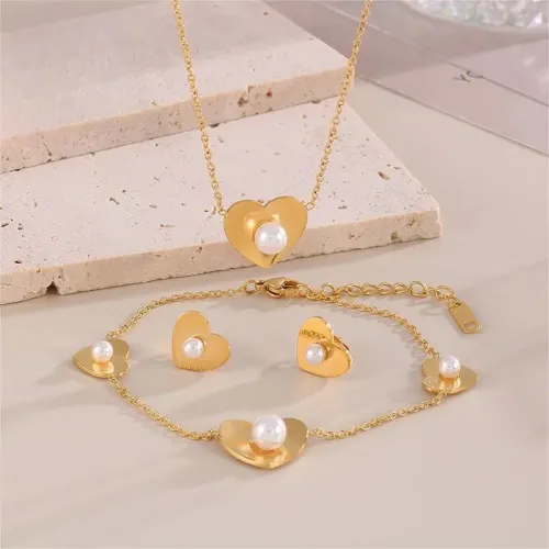 NTM2465 Shell Pearl Heart Pendant Earrings Set Stainless Steel Necklace Trio