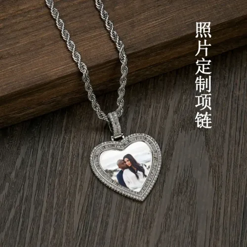 NTM3306 Double Layer Heart Necklace with Micro Pave Diamonds for Women, DIY Photo Print Jewelry Gift