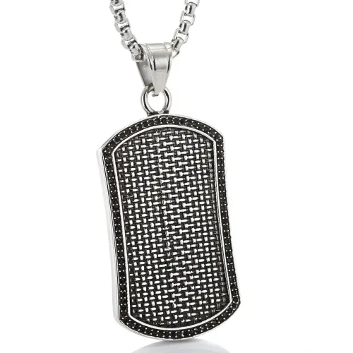 NTM2251 Long Dog Tag Pendant Black Diamond Stainless Steel Necklace