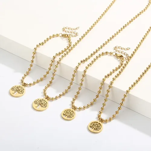 NTM2591 Tree of Life Pendant Bracelet Necklace Set Stainless Steel Hollow Peace Tree Christmas Gift