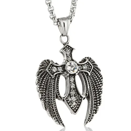 NTM2236 Soaring Eagle Wing Pendant with Red Gem Stainless Steel Cross Necklace