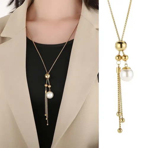 NTM2924 Lucky Bead Necklace with Pearls Tassel Pearl Chain for Women