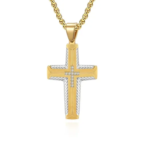 NTM1199 Tire Tread Stone Inlay Hip Hop Men's Two Tone Stainless Steel Chain with Lightning Cross Pendant