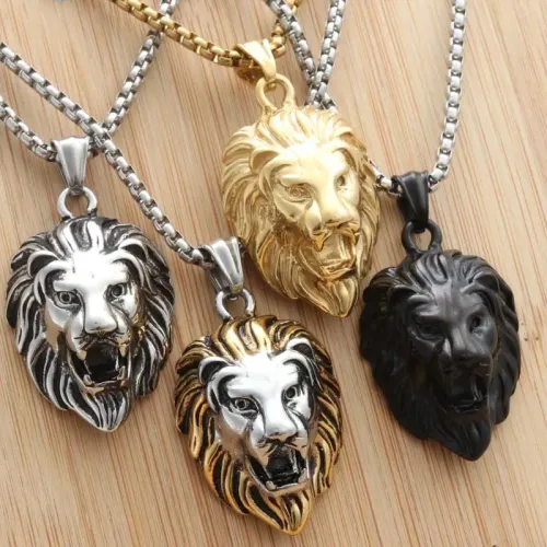 NTM1338 Men's Lion Head Pendant Necklace Stainless Steel Lion Charm for Bold Leadership