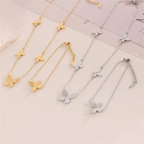 NTM2466 Lucky Clover Bracelet and Necklace Set for Women Stainless Steel Jewelry Combo