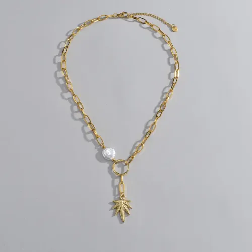 NTM3602 14K Gold Plated Stainless Steel Leaf Necklace with Pearl Sweater Chain for Women