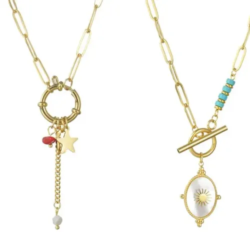 NTM3534 14K Gold Pentagram Natural Stone Shell Pendant Necklace Stainless Steel Clavicle Chain for Women