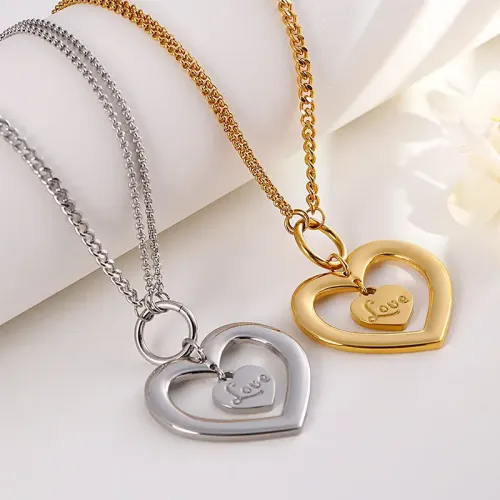 NTM3015 Hollow Double Heart LOVE Necklace + Earrings Set Perfect Holiday Gift