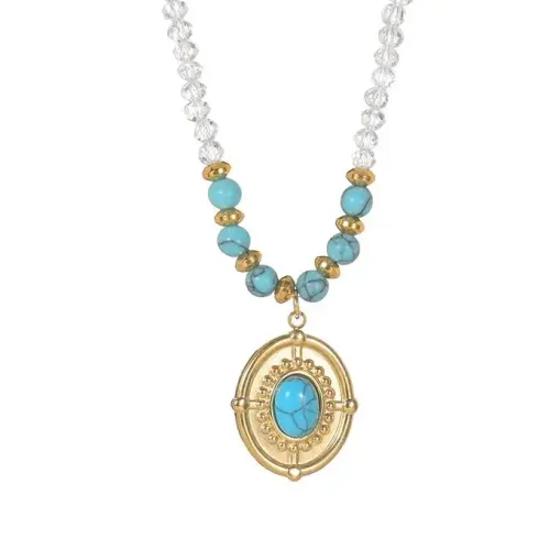 NTM3487 14K Gold Turquoise Diamond Oval Pendant Necklace Stainless Steel Women's Jewelry