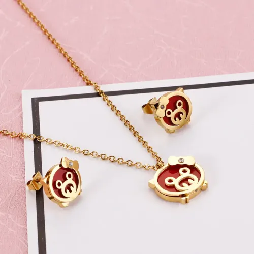 NTM2831 Cute Red Bow Piglet Necklace Earrings Set Stainless Steel Cartoon Jewelry