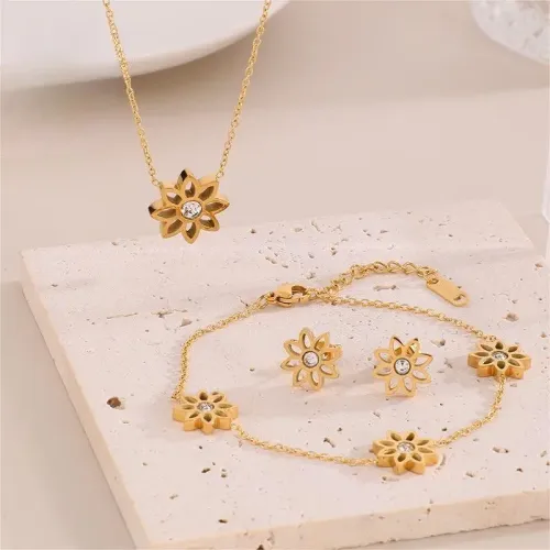 NTM2464 Daisy Charm Jewelry Set Stainless Steel Necklace, DIY Flower Bracelet Earrings for Women