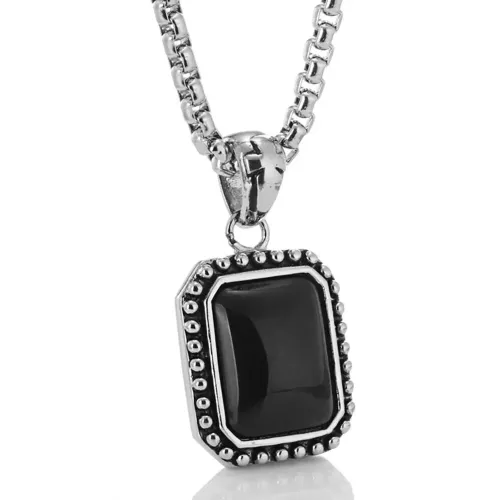 NTM2276 Black Gemstone Pendant Square Unisex Stainless Steel Necklace