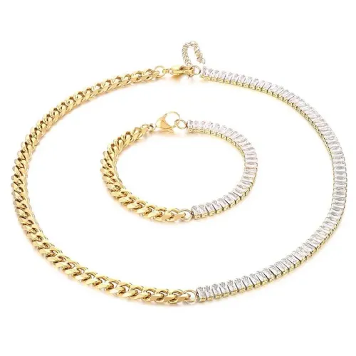 NTM2620 18K Gold Plated Zircon Cuban Link Necklace Bracelet Set for Women