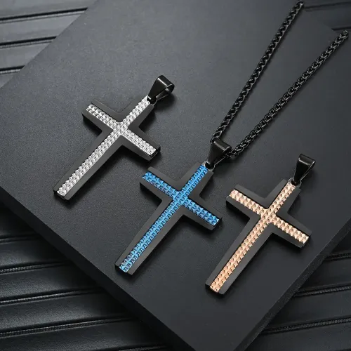 NTM1178 Men's Stainless Steel Diamond Pattern Engraved Cross Pendant Necklace