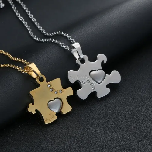 NTM2307 Alphabet Puzzle Pendant Couples Stainless Steel Heart Diamond Necklace Gift Set