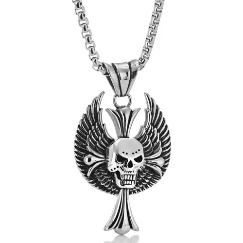 NTM2277 Gothic Skull Cross Pendant Men's Cast Stainless Steel Winged Necklace