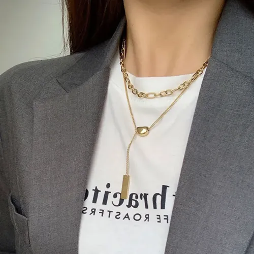 NTM3524 Double Layered Coffee Bean Necklace with Hip Hop Style Pendant for Women Sweater Chain