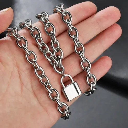 NTM3620 Unisex Stainless Steel Thick Chain Necklace with Lock Pendant Hip Hop Style