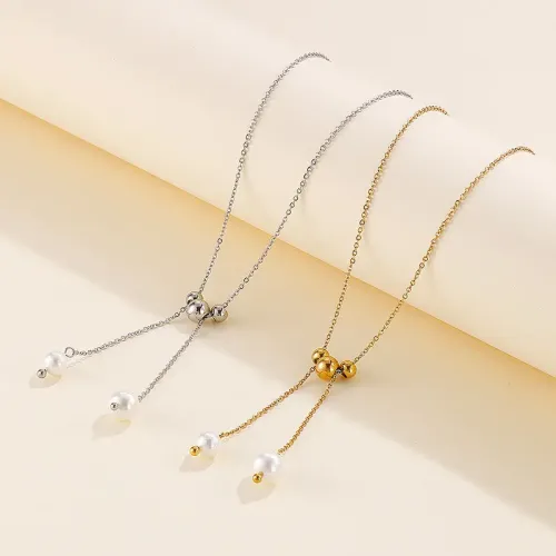 NTM2720 Gold Stainless Steel Chain Bead Tassel Pendant Necklace for Women