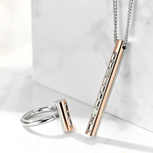 NTM1237 Stainless Steel Cylinder Pendant Ring Set for Couples Women's Necklace Charm