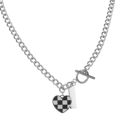 NTM3932 Black White Checkerboard Heart Pendant Necklace with Stainless Steel OT Clasp for Women