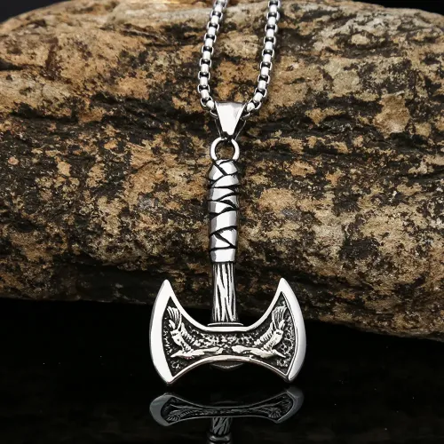 NTM963 Men's Hip Hop Stainless Steel Necklace Viking Double Axe Pendant Unisex Jewelry