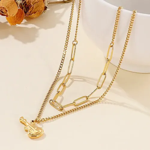 NTM2744 Double Layered Stainless Steel Guitar Bass Pendant Necklace Music Themed Jewelry for Women