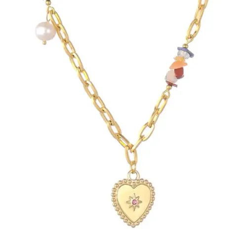 NTM3458 14K Gold Natural Stone Heart Evil Eye Pendant Necklace for Women Stainless Steel Jewelry