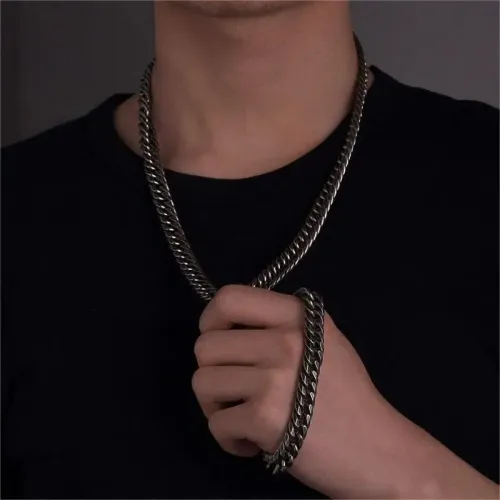 NTM3614 Stainless Steel Punk Double Clasp Hexagon Chain Necklace Bracelet Cool Jewelry