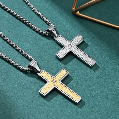 NTM1106 Hammered Cross Pendant with Bark Texture Unisex Couple's Necklace