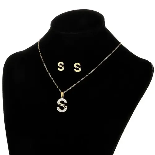 NTM2748 Letter S Rhinestone Stainless Steel Earring Necklace Set Elegant Jewelry Combo
