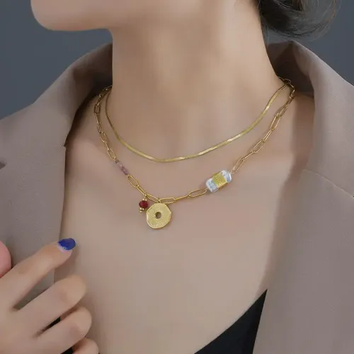 NTM3353 14K Gold Plated Irregular Circle Pendant Double Layered Handmade Necklace for Women Stainless Steel Jewelry