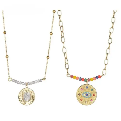 NTM3583 14K Gold Round Diamond Colorful Beads Pearl Pendant Necklace Stainless Steel Women's Jewelry