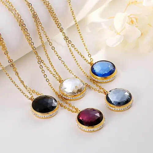 NTM3063 Gold Stainless Steel Set: Zirconia Circle Necklace + Earrings Multi Color Options