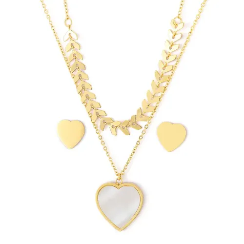 NTM2886 Stainless Steel Wheat Chain Heart Shell Earrings Necklace Set Double Layer Jewelry Gift