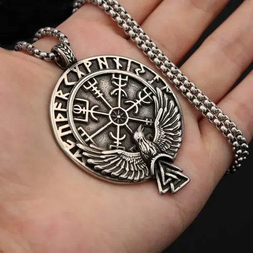 NTM1007 Raven Odin Rune Pendant Men's Stainless Steel Necklace Jewelry