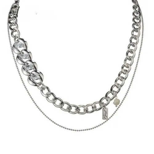 NTM3556 Double Layered Pearl Diamond Square Pendant Necklace for Women Stainless Steel