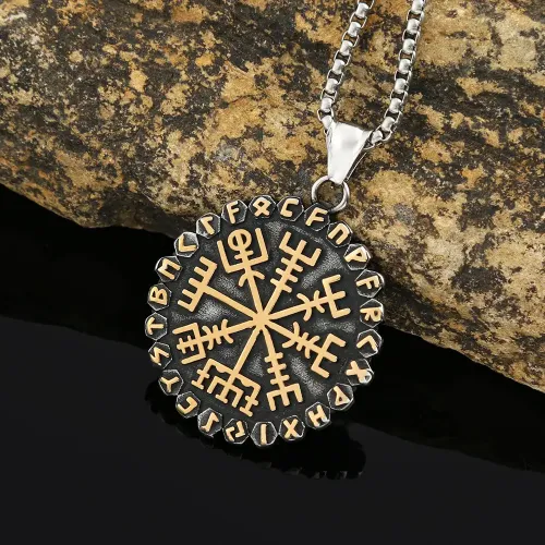 NTM1029 Nordic Viking Runes Compass Necklace Stainless Steel Pendant for Men
