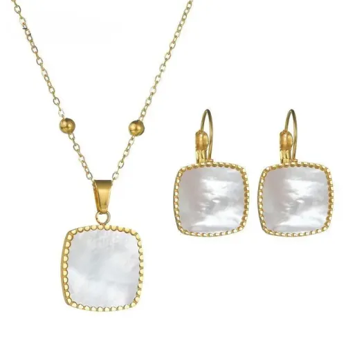 NTM3630 18K Gold Plated Stainless Steel Square Shell Necklace Earrings Set for Women