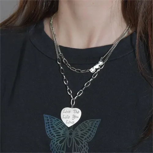 NTM3592 Double Layered Hip Hop Pendant Necklace with Heart Smiley Face for Women Stainless Steel