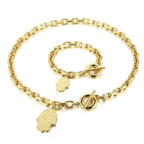 NTM2975 Hamsa Hand OT Clasp Stainless Steel Necklace Bracelet Set Spiritual Jewelry