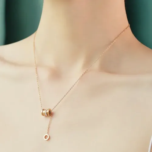 NTM3858 Rose Gold Slim Waist Rhinestone Circle Pendant Necklace Stainless Steel Sweater Chain for Women