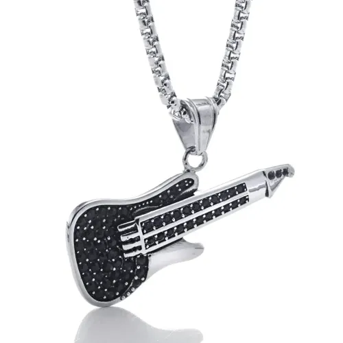 NTM2282 Black Diamond Guitar Pendant Stainless Steel Necklace for Music Lovers