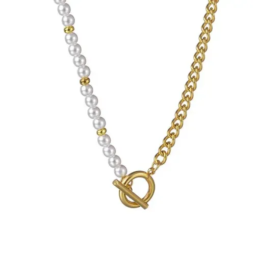 NTM3574 Stainless Steel OT Clasp Pearls Necklace for Women Sweater Chain Accessory